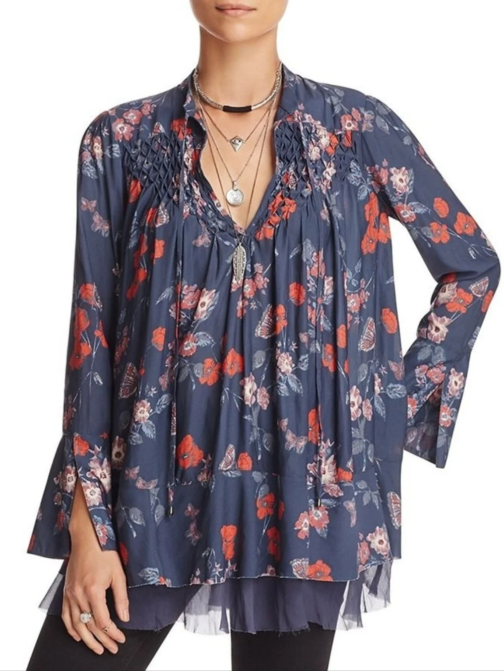 FREE PEOPLE So Fine Pebble Crepe Smocked Tunic Top. Size S